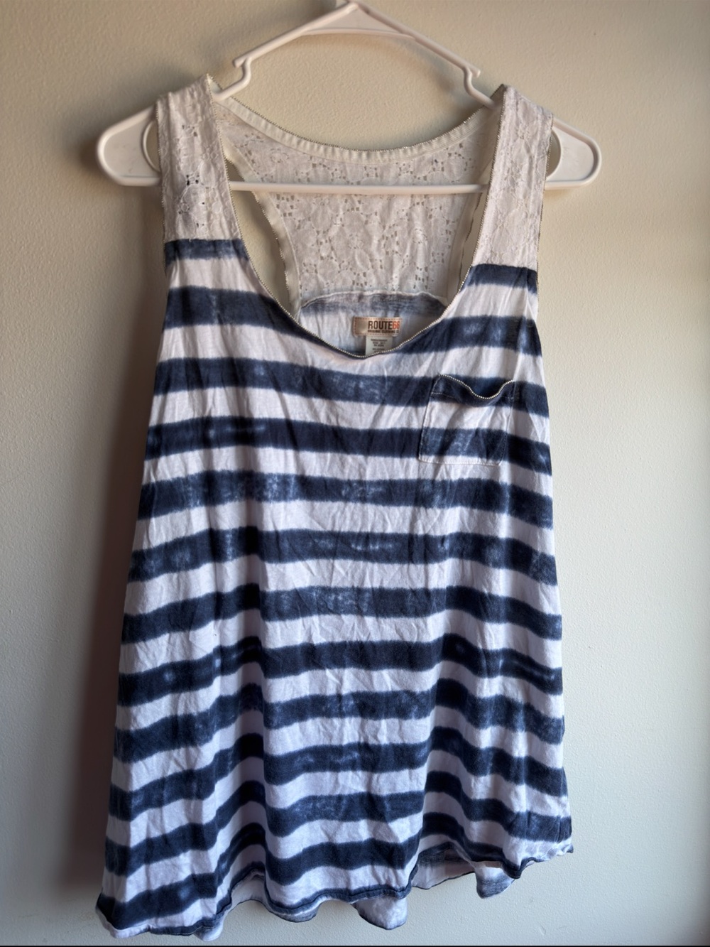 Route 66 Blue White Striped Lace Back Tank Top XL Boho